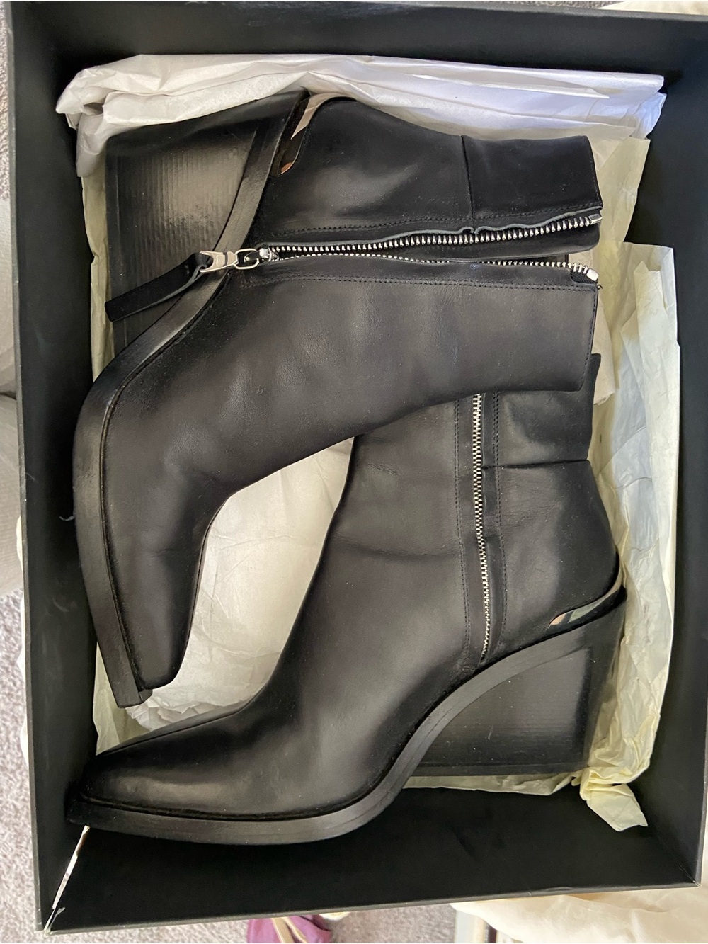 Rag & Bone Santiago Black Leather Wedge Ankle Boots Pointed Metal Accent 9.5